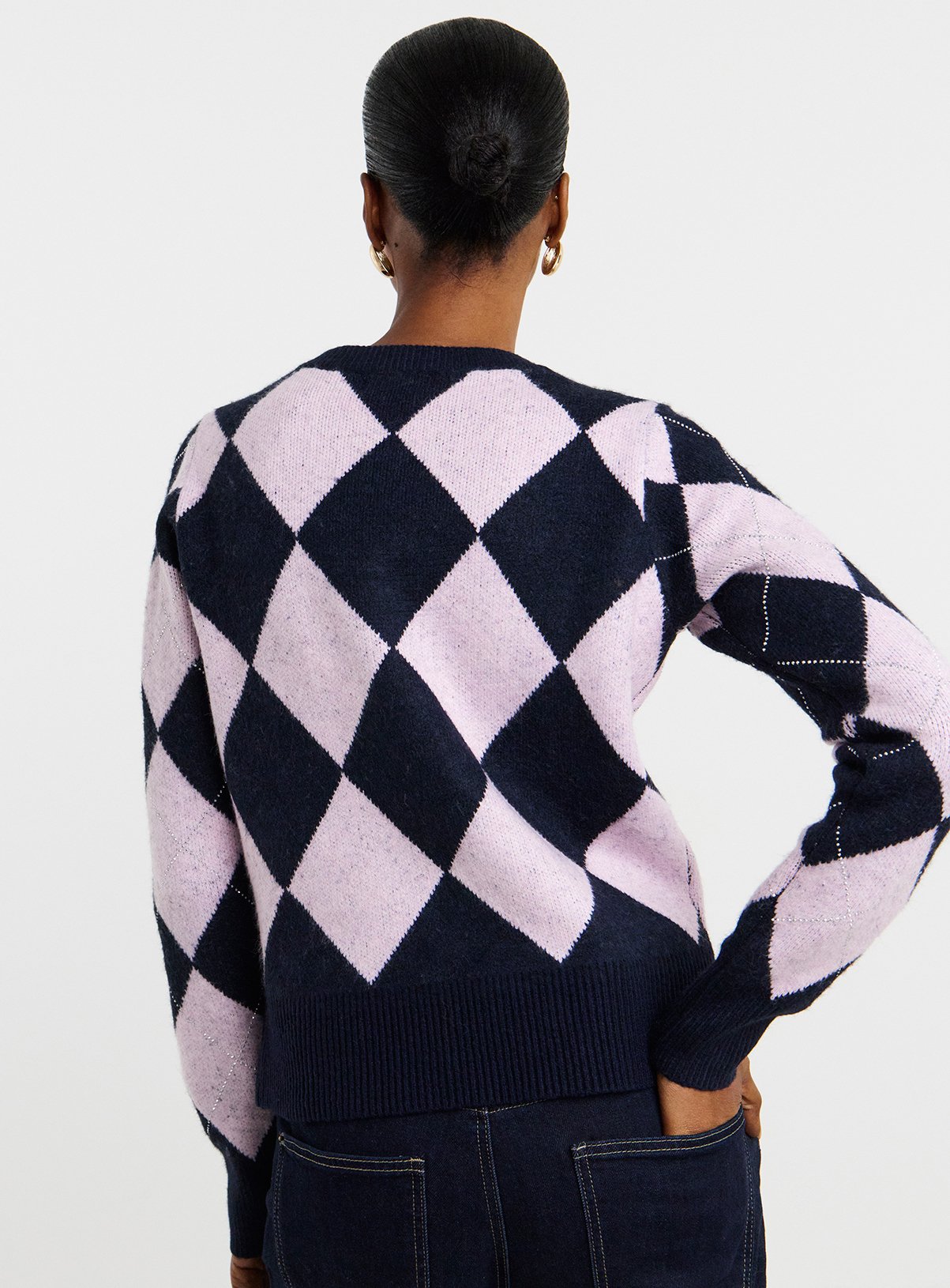 JD WILLIAMS Diamante Argyle Crew Neck Cardigan 12-14 - Image 2 thumbnail